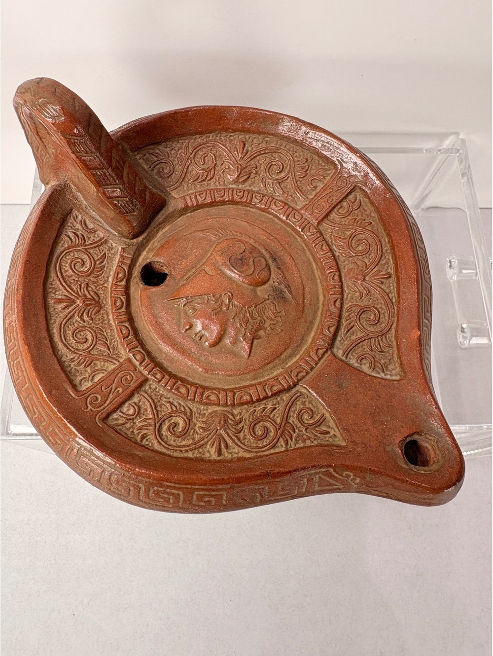 Vintage Greek/Roman Revival Terracotta Oil Lamp – Athena/Minerva – Ornate
